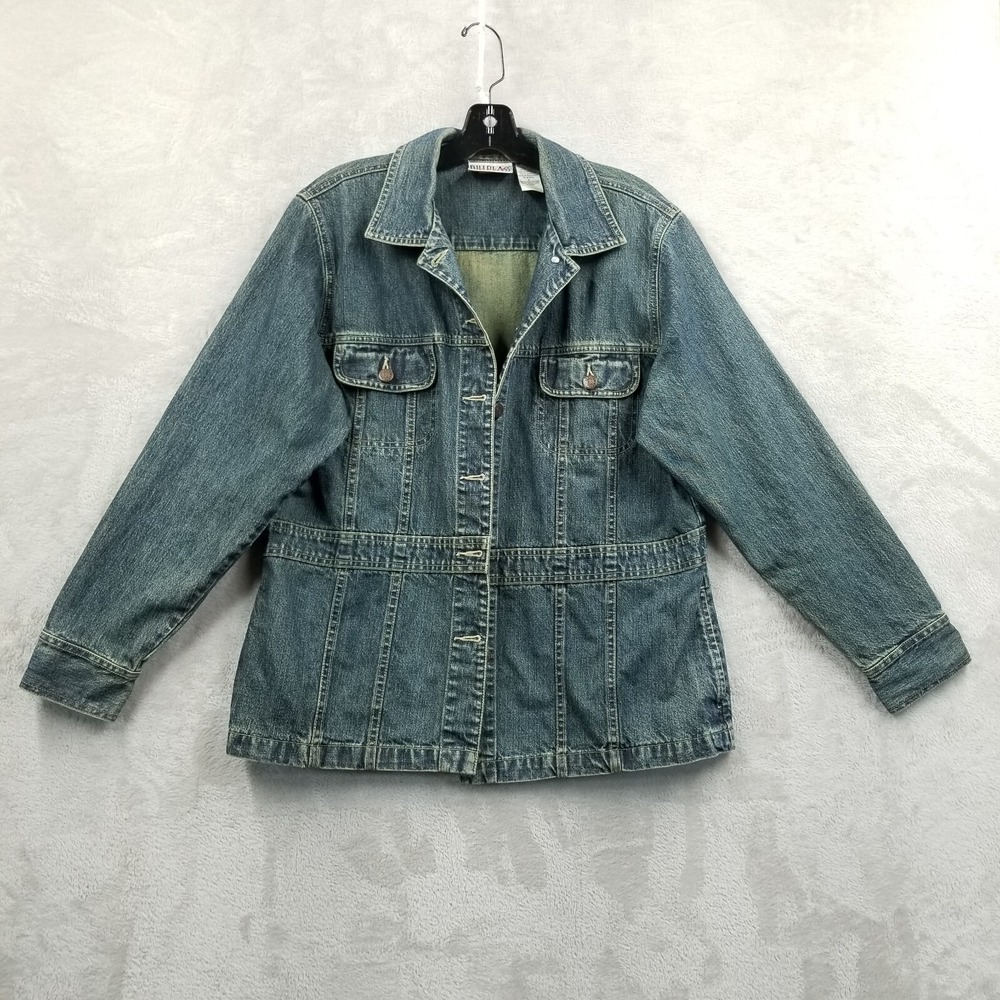 Vintage Bill Blass Jacket Women L Blue Denim Mid Length Utility Pockets‎ Outdoor